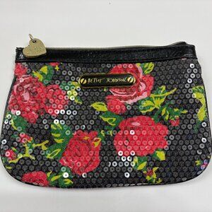 BETSEY JOHNSON Black Floral Sequence Clutch / Pouch Bag- EUC